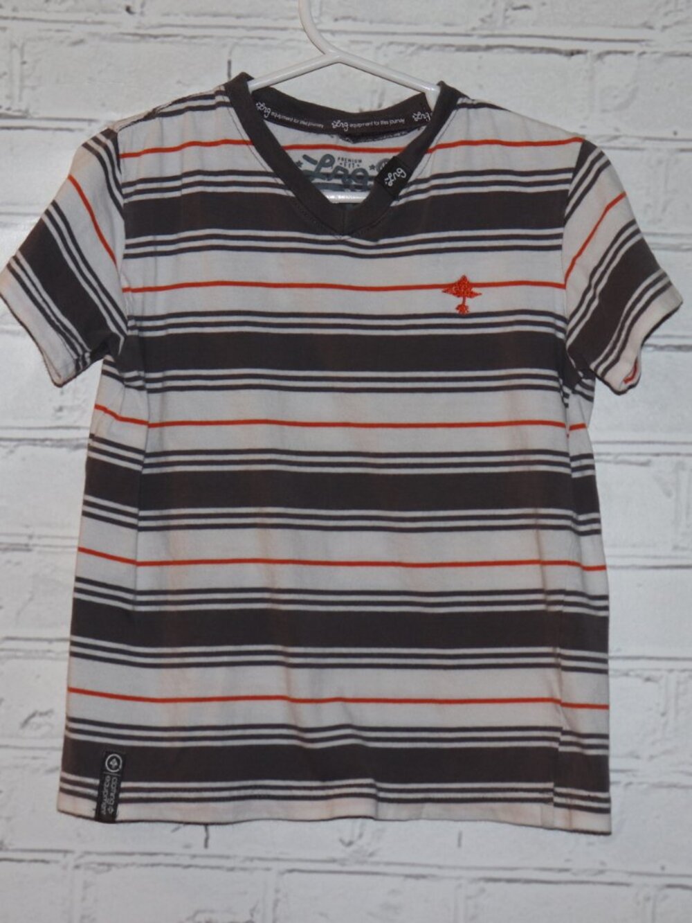 🧡🤍 LRG Boys’ Striped Tee · Size 4T A soft cotton tee with bold orange, gray,